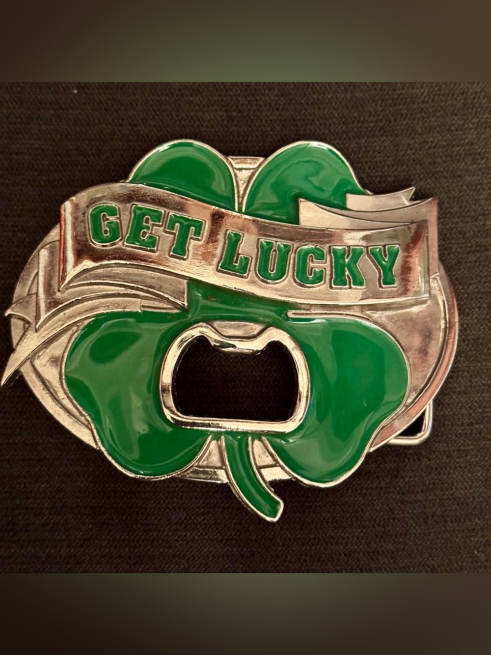 Get Lucky Green Figural Shamrock St Patrick's Day Belt Buckle Bottle Opener